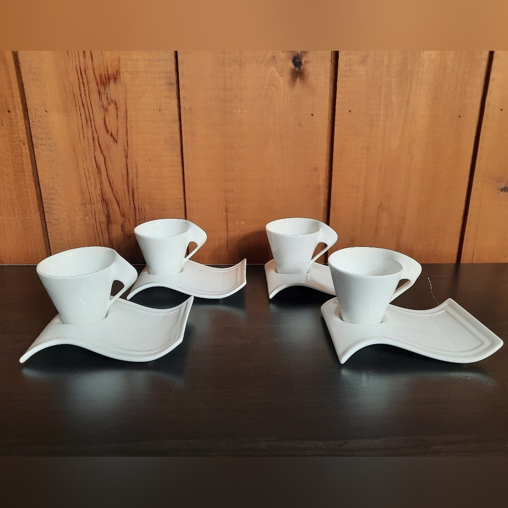 Tannex Porcelain Cappuccino Cups & Snack Plate Saucers Set of 4
